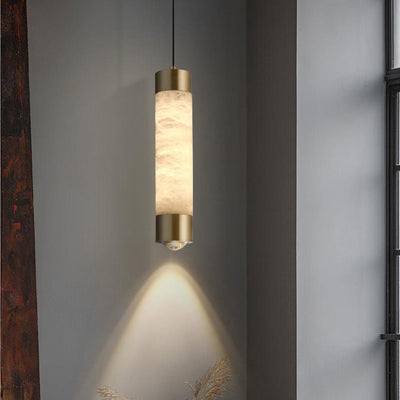 Contemporary Luxury Brass And Alabaster Cylinder LED Pendant Light For Bedroom