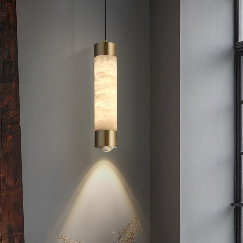 Contemporary Luxury Brass And Alabaster Cylinder LED Pendant Light For Bedroom