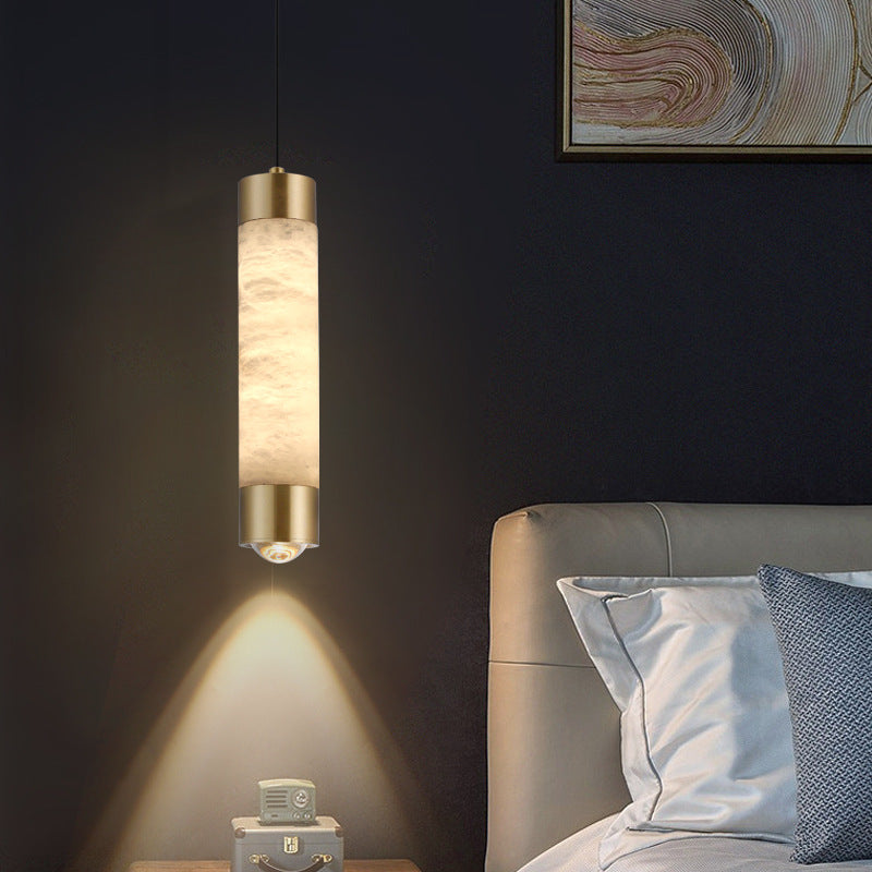 Contemporary Luxury Brass And Alabaster Cylinder LED Pendant Light For Bedroom