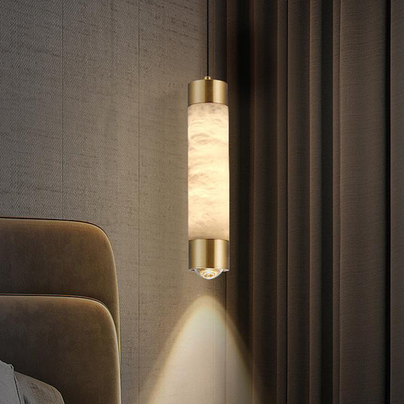 Contemporary Luxury Brass And Alabaster Cylinder LED Pendant Light For Bedroom