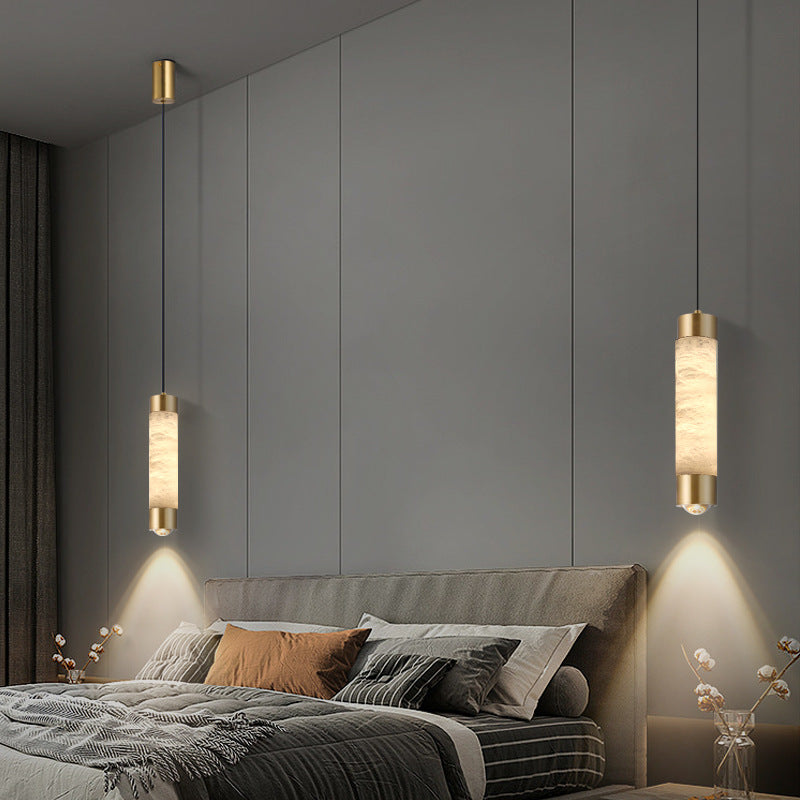 Contemporary Luxury Brass And Alabaster Cylinder LED Pendant Light For Bedroom