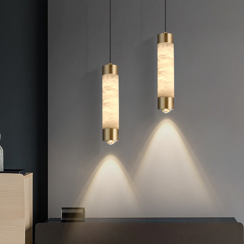 Contemporary Luxury Brass And Alabaster Cylinder LED Pendant Light For Bedroom