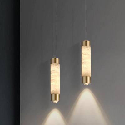Contemporary Luxury Brass And Alabaster Cylinder LED Pendant Light For Bedroom