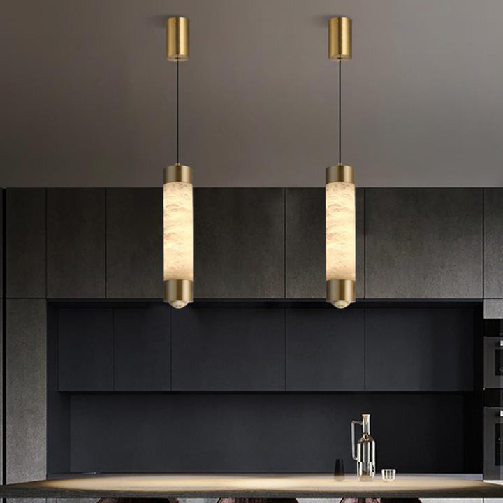Contemporary Luxury Brass And Alabaster Cylinder LED Pendant Light For Bedroom