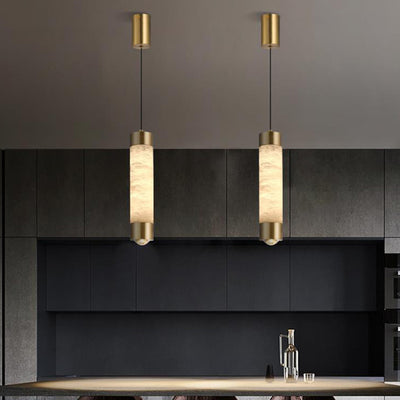 Contemporary Luxury Brass And Alabaster Cylinder LED Pendant Light For Bedroom