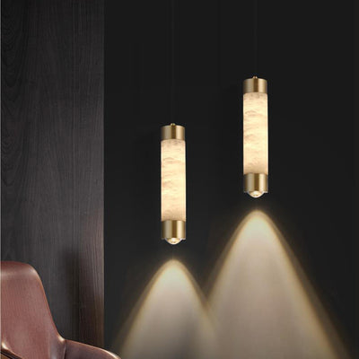 Contemporary Luxury Brass And Alabaster Cylinder LED Pendant Light For Bedroom