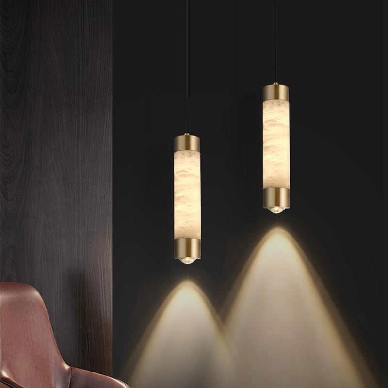 Contemporary Luxury Brass And Alabaster Cylinder LED Pendant Light For Bedroom