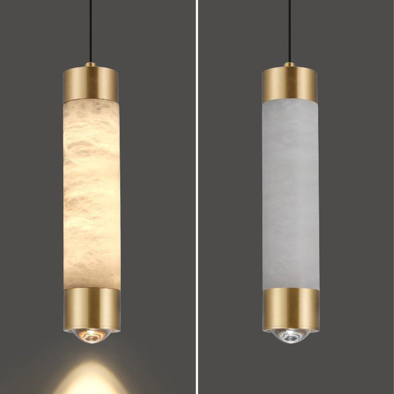 Contemporary Luxury Brass And Alabaster Cylinder LED Pendant Light For Bedroom