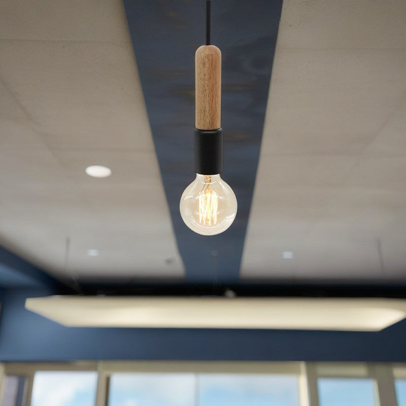 Modern Minimalist Wood &amp; Metal Cylindrical 1-Light Pendant Light For Living Room