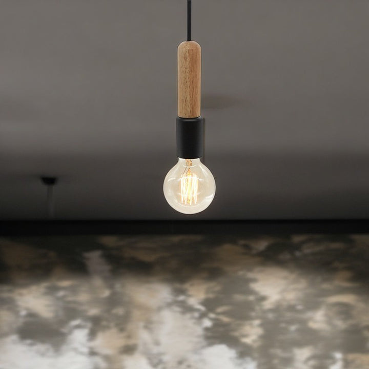Modern Minimalist Wood &amp; Metal Cylindrical 1-Light Pendant Light For Living Room
