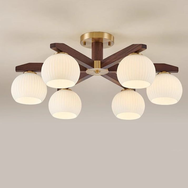 Traditional Chinese Copper Wood Glass Branch Globe Cylinder 5/6/8/10 Light Semi-Flush Mount Ceiling Light For Living Room
