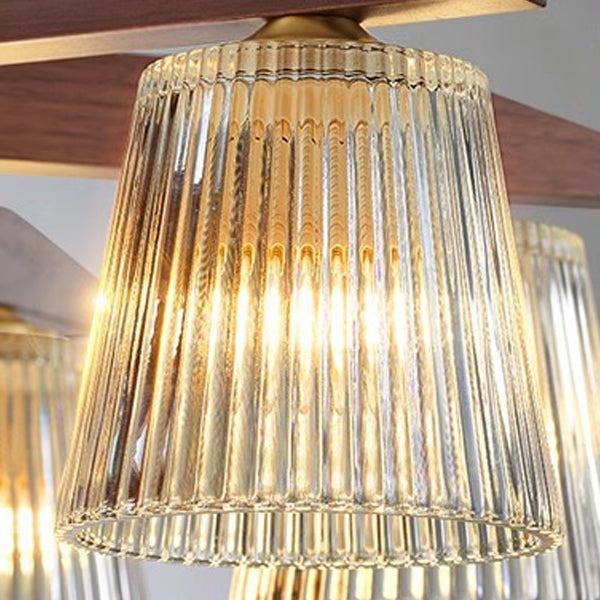 Traditional Chinese Copper Wood Glass Branch Globe Cylinder 5/6/8/10 Light Semi-Flush Mount Ceiling Light For Living Room