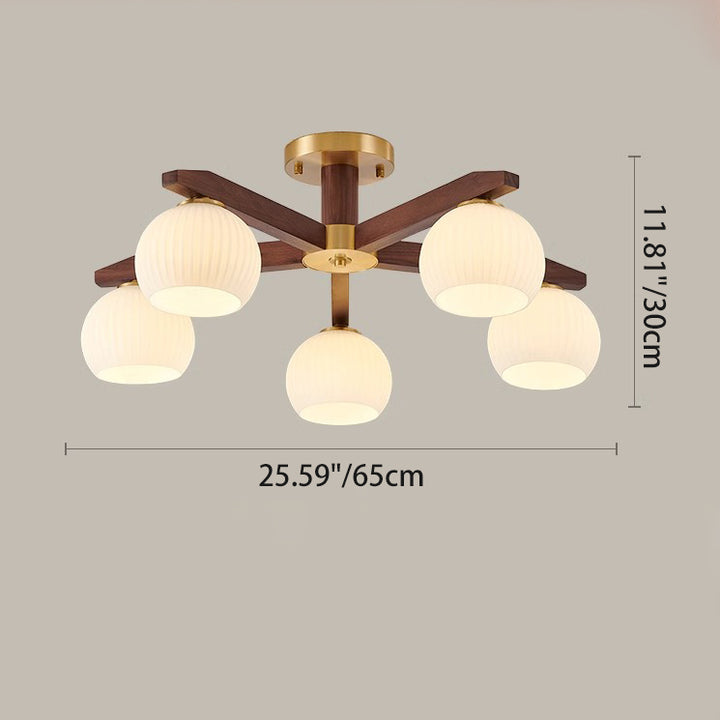 Traditional Chinese Copper Wood Glass Branch Globe Cylinder 5/6/8/10 Light Semi-Flush Mount Ceiling Light For Living Room