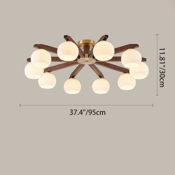Traditional Chinese Copper Wood Glass Branch Globe Cylinder 5/6/8/10 Light Semi-Flush Mount Ceiling Light For Living Room
