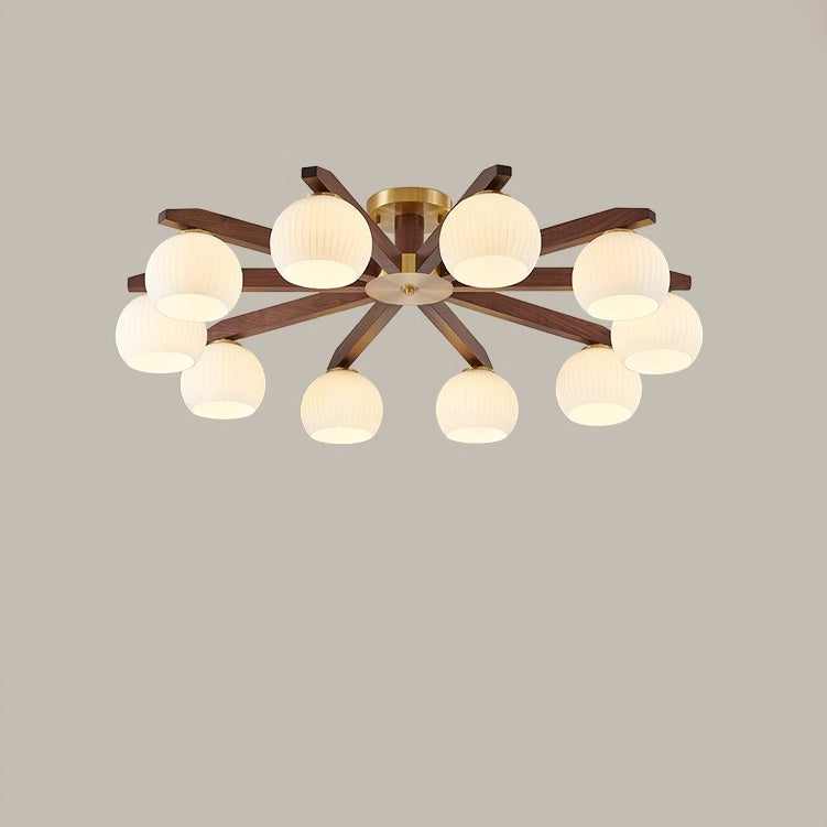 Traditional Chinese Copper Wood Glass Branch Globe Cylinder 5/6/8/10 Light Semi-Flush Mount Ceiling Light For Living Room