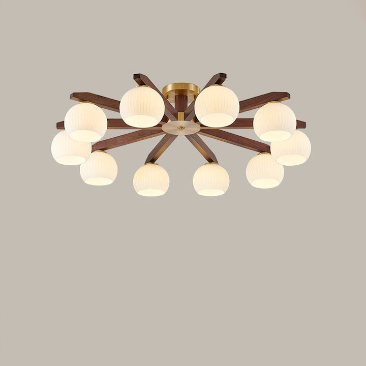 Traditional Chinese Copper Wood Glass Branch Globe Cylinder 5/6/8/10 Light Semi-Flush Mount Ceiling Light For Living Room