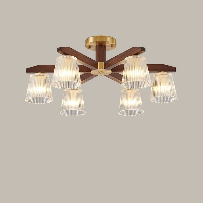 Traditional Chinese Copper Wood Glass Branch Globe Cylinder 5/6/8/10 Light Semi-Flush Mount Ceiling Light For Living Room