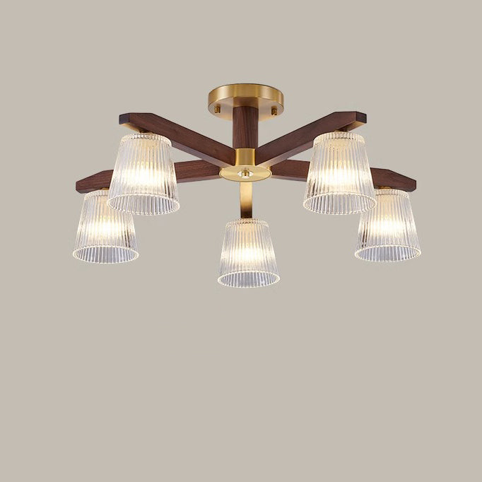 Traditional Chinese Copper Wood Glass Branch Globe Cylinder 5/6/8/10 Light Semi-Flush Mount Ceiling Light For Living Room