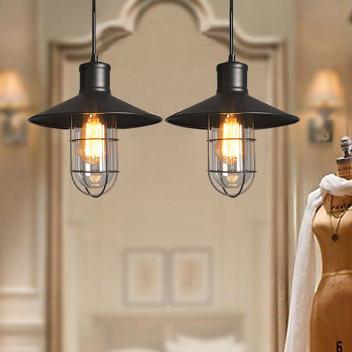 Lámpara colgante de 1 luz con jaula cónica de hierro industrial contemporáneo para sala de estar 