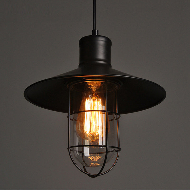 Lámpara colgante de 1 luz con jaula cónica de hierro industrial contemporáneo para sala de estar 