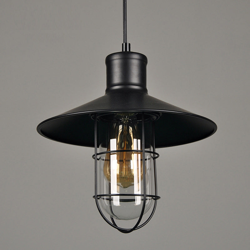 Lámpara colgante de 1 luz con jaula cónica de hierro industrial contemporáneo para sala de estar 