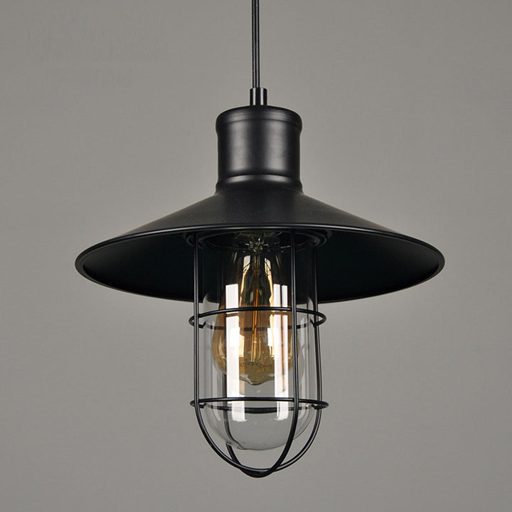Lámpara colgante de 1 luz con jaula cónica de hierro industrial contemporáneo para sala de estar 
