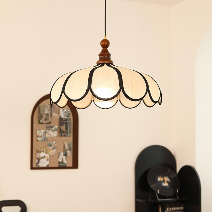 Traditional French Jute Iron Wood Floral 1-Light Pendant Light For Living Room