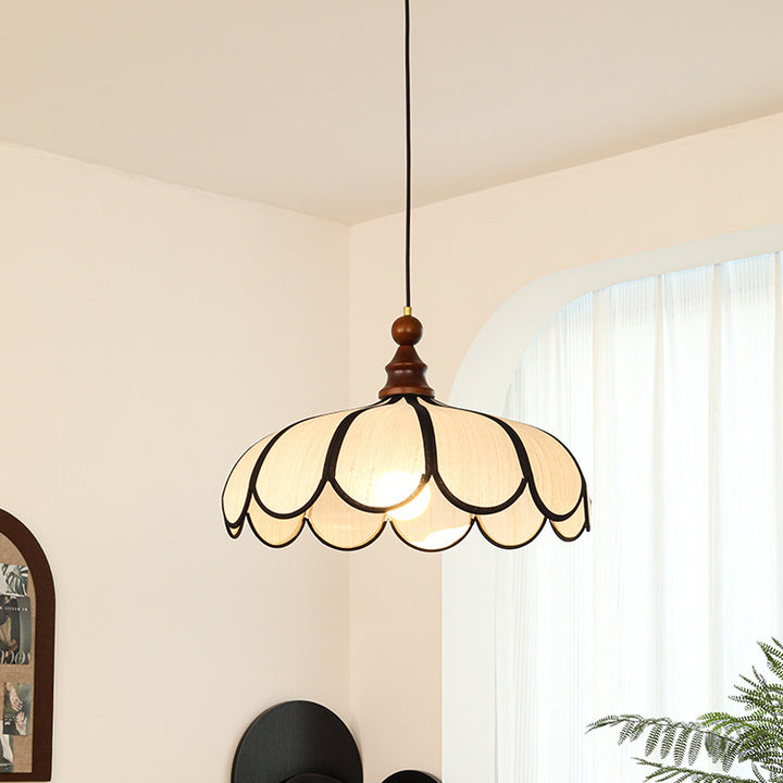 Traditional French Jute Iron Wood Floral 1-Light Pendant Light For Living Room