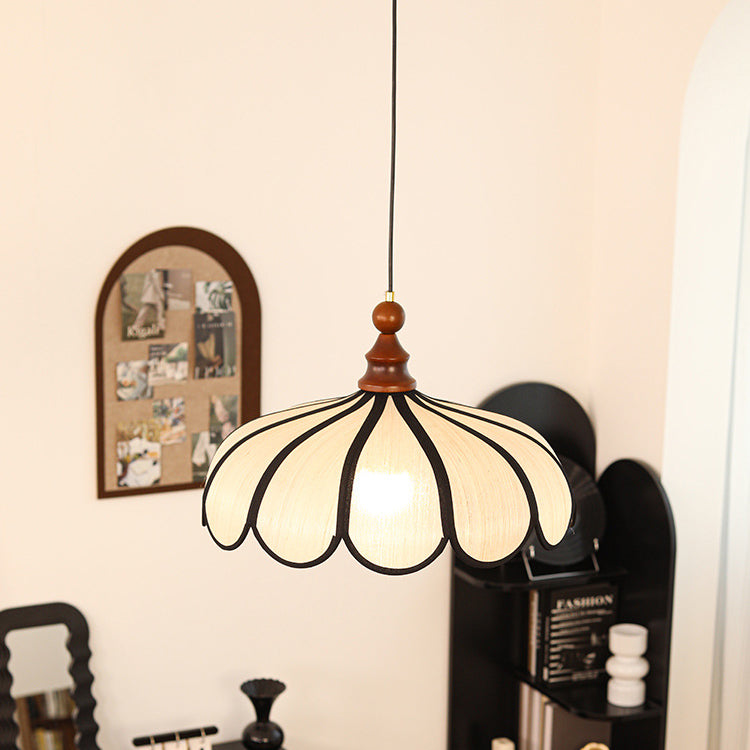 Traditional French Jute Iron Wood Floral 1-Light Pendant Light For Living Room