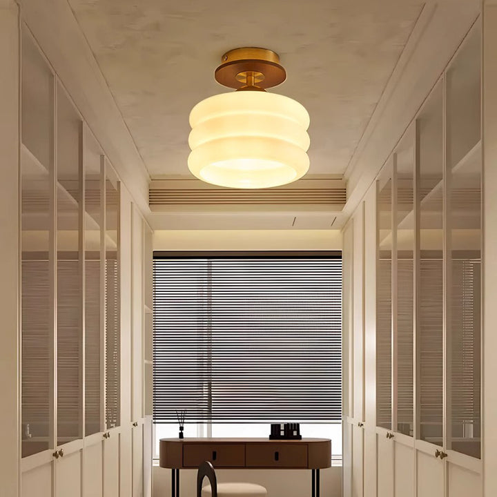 Contemporary Retro Walnut Wood Metal Glass Floral 1-Light Semi-Flush Mount Ceiling Light For Living Room