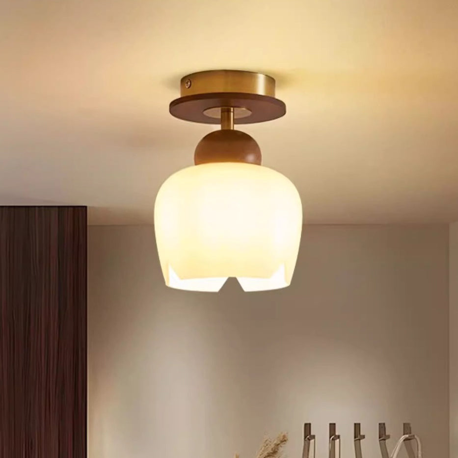 Contemporary Retro Walnut Wood Metal Glass Floral 1-Light Semi-Flush Mount Ceiling Light For Living Room