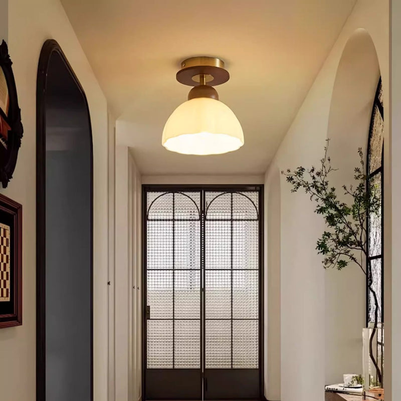 Zeitgenössische Retro Walnuss Holz Metall Glas Floral 1-Licht Semi-Flush Mount Deckenleuchte für Wohnzimmer 