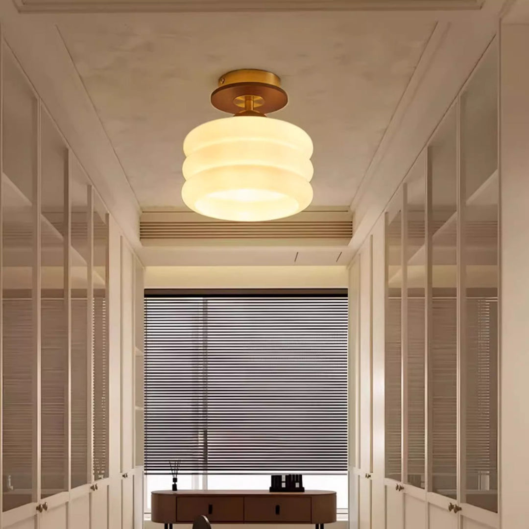 Contemporary Retro Walnut Wood Metal Glass Floral 1-Light Semi-Flush Mount Ceiling Light For Living Room