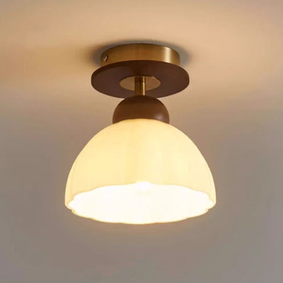 Zeitgenössische Retro Walnuss Holz Metall Glas Floral 1-Licht Semi-Flush Mount Deckenleuchte für Wohnzimmer 