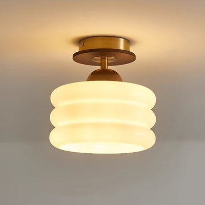 Zeitgenössische Retro Walnuss Holz Metall Glas Floral 1-Licht Semi-Flush Mount Deckenleuchte für Wohnzimmer 