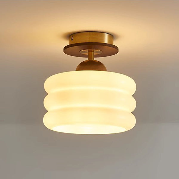 Zeitgenössische Retro Walnuss Holz Metall Glas Floral 1-Licht Semi-Flush Mount Deckenleuchte für Wohnzimmer 