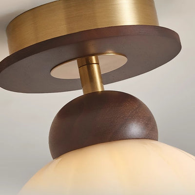 Zeitgenössische Retro Walnuss Holz Metall Glas Floral 1-Licht Semi-Flush Mount Deckenleuchte für Wohnzimmer 