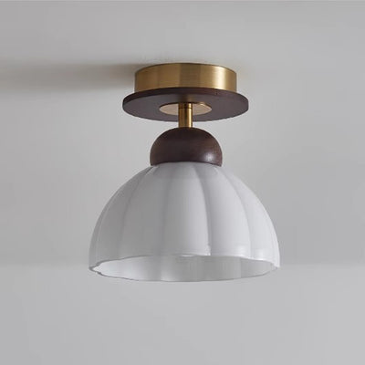 Zeitgenössische Retro Walnuss Holz Metall Glas Floral 1-Licht Semi-Flush Mount Deckenleuchte für Wohnzimmer 