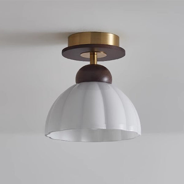 Zeitgenössische Retro Walnuss Holz Metall Glas Floral 1-Licht Semi-Flush Mount Deckenleuchte für Wohnzimmer 