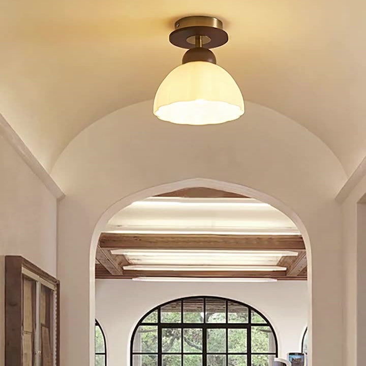 Contemporary Retro Walnut Wood Metal Glass Floral 1-Light Semi-Flush Mount Ceiling Light For Living Room