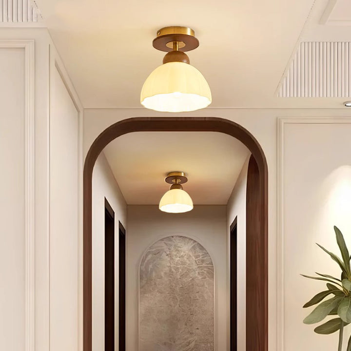 Contemporary Retro Walnut Wood Metal Glass Floral 1-Light Semi-Flush Mount Ceiling Light For Living Room