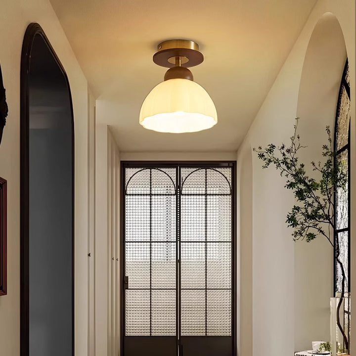 Contemporary Retro Walnut Wood Metal Glass Floral 1-Light Semi-Flush Mount Ceiling Light For Living Room