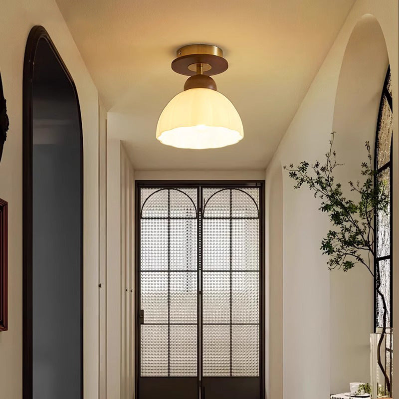Zeitgenössische Retro Walnuss Holz Metall Glas Floral 1-Licht Semi-Flush Mount Deckenleuchte für Wohnzimmer 