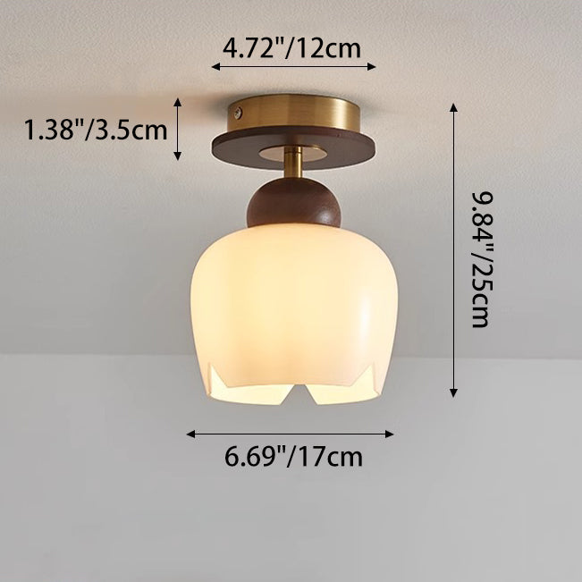 Zeitgenössische Retro Walnuss Holz Metall Glas Floral 1-Licht Semi-Flush Mount Deckenleuchte für Wohnzimmer 