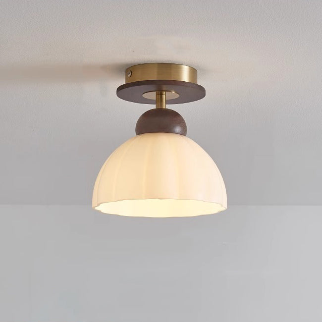 Contemporary Retro Walnut Wood Metal Glass Floral 1-Light Semi-Flush Mount Ceiling Light For Living Room