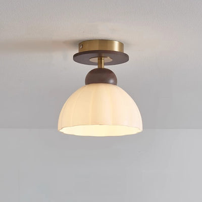 Zeitgenössische Retro Walnuss Holz Metall Glas Floral 1-Licht Semi-Flush Mount Deckenleuchte für Wohnzimmer 