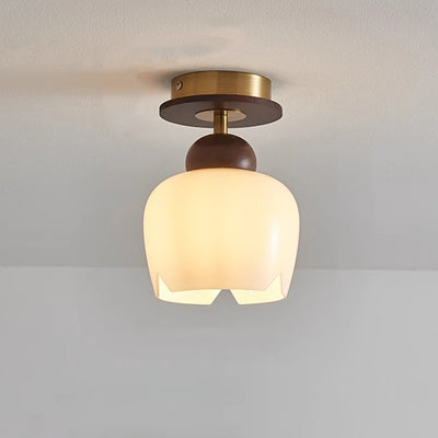 Zeitgenössische Retro Walnuss Holz Metall Glas Floral 1-Licht Semi-Flush Mount Deckenleuchte für Wohnzimmer 