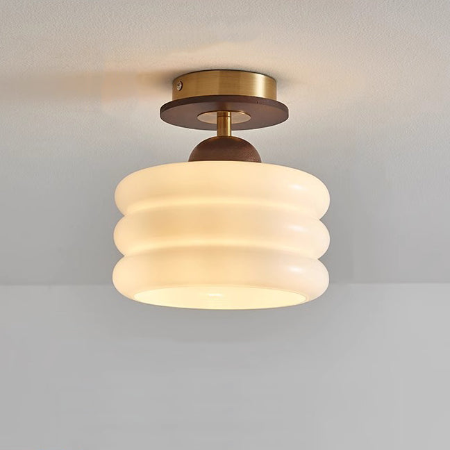 Contemporary Retro Walnut Wood Metal Glass Floral 1-Light Semi-Flush Mount Ceiling Light For Living Room