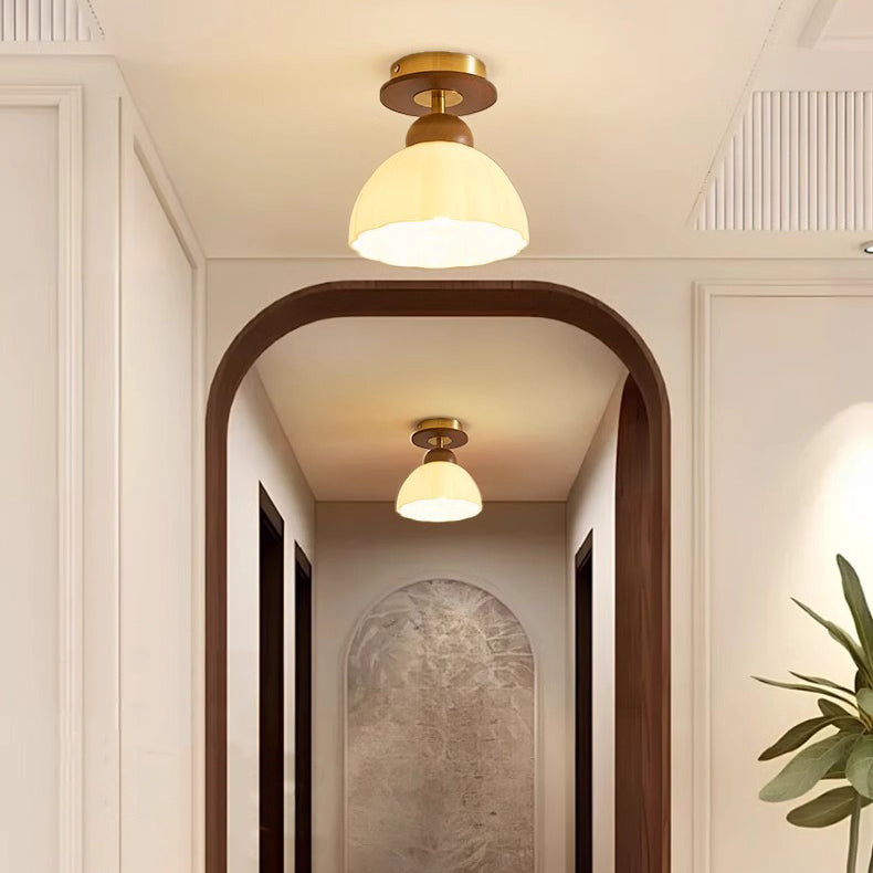 Contemporary Retro Walnut Wood Metal Glass Floral 1-Light Semi-Flush Mount Ceiling Light For Living Room