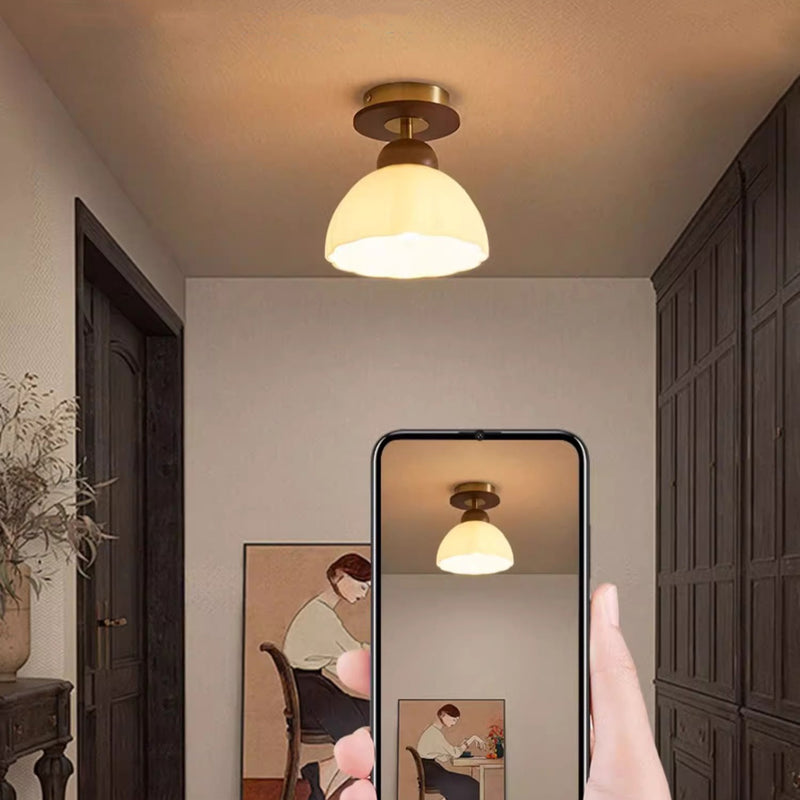 Zeitgenössische Retro Walnuss Holz Metall Glas Floral 1-Licht Semi-Flush Mount Deckenleuchte für Wohnzimmer 